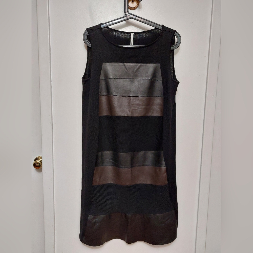 PierAntonio Gaspari Fuzzi Black Wool Dress with Leather Stripes, Size 46 / US 10